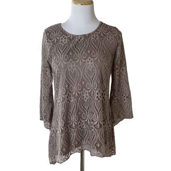 Brittany Black Tan Lace Top Long Sleeve Scoop Neck Size Small NWT - Picture 1 of 5